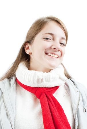 Portrait of girl  in wintry clothes over whiteの写真素材
