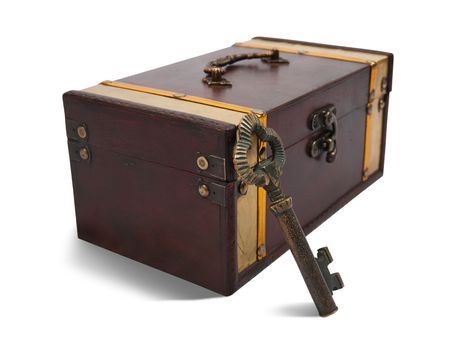 Vintage  key and treasure chest, isolated over white backgroundの写真素材