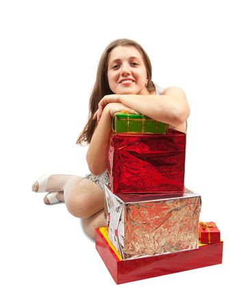Sexy girl in dress with present boxesの写真素材