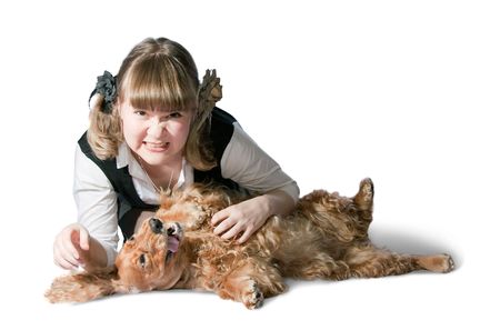 young girl with cocker spaniel over white の写真素材
