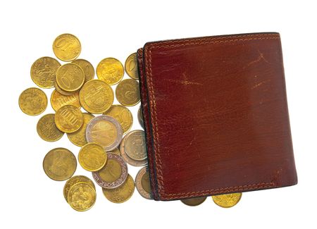 few  coins and wallet. Isolated over whiteの写真素材