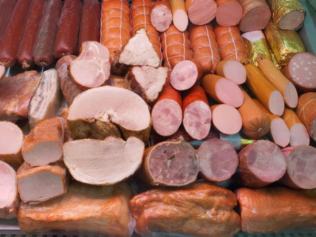 Close up of the  sausage on shopwindow