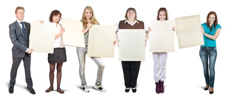 successful businessteam holds blank canvases. It is isolated on a white background の写真素材