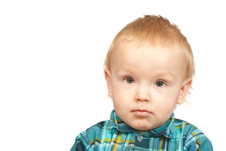 Portrait of the two-year boy in  chequered shirt, isolated on whiteの写真素材