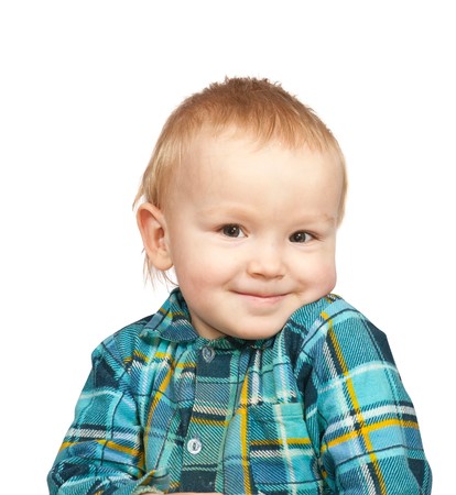 Smiling two-year boy in  chequered shirt, isolated on whiteの写真素材