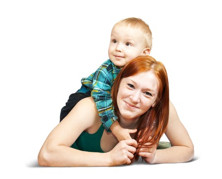 Happy mother with her son. Isolated over whiteの写真素材