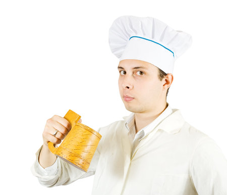 male brewer with beer mug. Isolated over whiteの写真素材