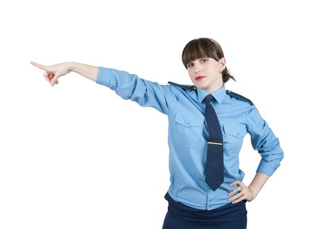  pointing woman in uniform, isolated over whiteの写真素材