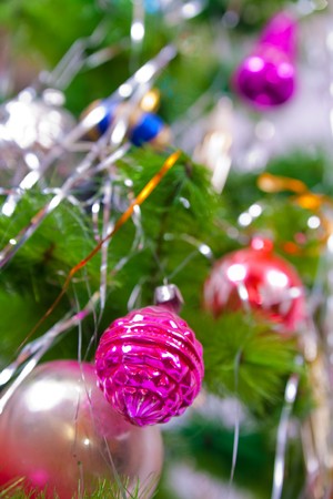Closeup of Christmas fir tree with festive ballsの写真素材