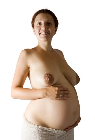Topless 8 months  pregnant woman, white backgroundの写真素材