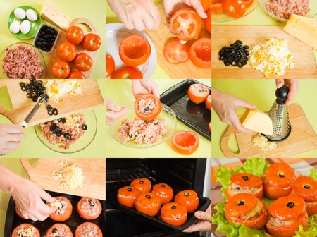 stages of cooking of stuffed tomato at homeの写真素材
