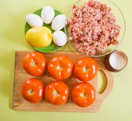 ingredient for stuffed tomato on cook-table.See in series stages of cooking of farci tomato の写真素材