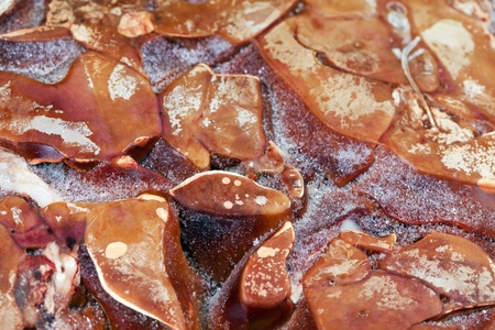 Chicken offal. Closeup of frozen raw chicken liverの写真素材