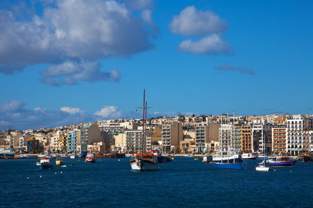 View of Sliema and boats in Sliema Creek. Maltaの写真素材