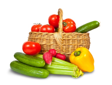 Ripe vegetables in basket on white backgroundの写真素材