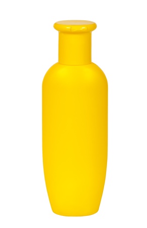 Yellow shampoo bottle. Isolated on white backgrounds with clipping pathの写真素材