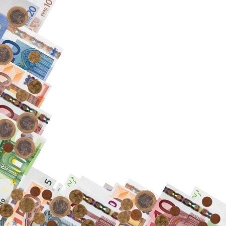 Border from many euro banknotes and coins over white background の写真素材