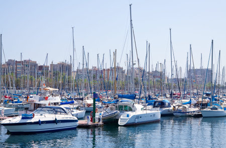 Many yachts lying at Port Vell. Barcelona, Spain