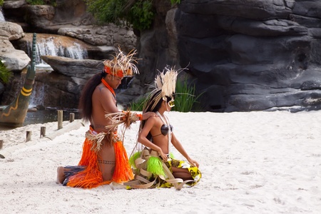SALOU, SPAIN - APRIL 13:  Port Aventura theme Park in April 13, 2011 in Salou, Spain. Dancers performance traditional show at Polynesian area のeditorial素材