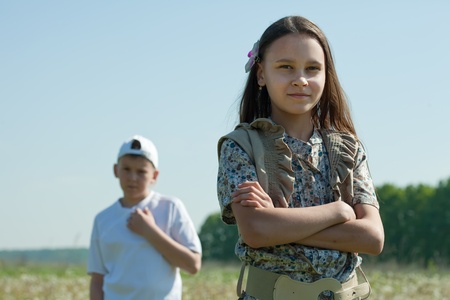 teenager boy and girl  having conflict at parkの写真素材