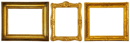 Set of few gold frames. Isolated over white background with clipping pathの写真素材