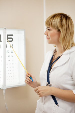 ophthalmologist testing  eyesight with letter table