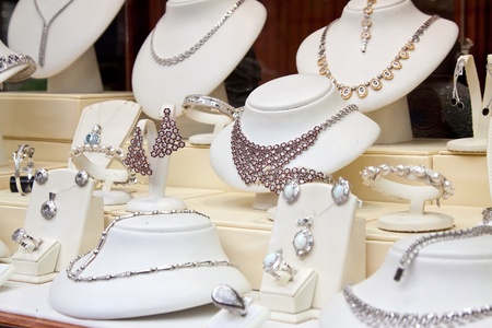 counter with variety jewelry in store windowのeditorial素材