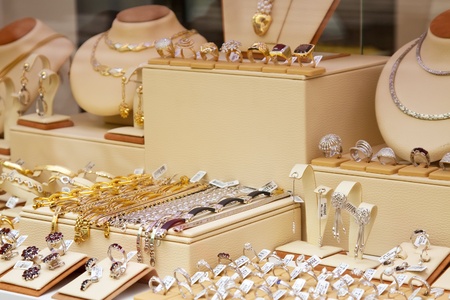 counter with variety jewelry in store windowのeditorial素材