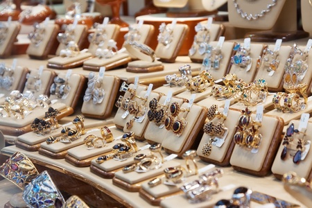 counter with variety jewelry in store windowのeditorial素材