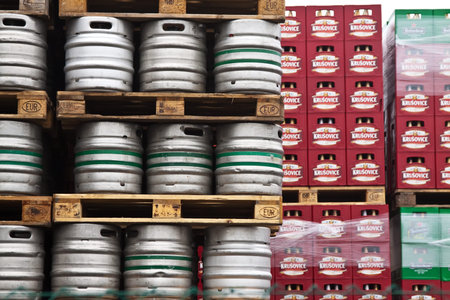 KRUSOVICE, CZECHIA - NOVEMBER 23:  Beer kegs in rows at Krusovice Brewery  on November 23, 2011 in...