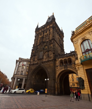 PRAGUE, CZECHIA - NOVEMBER 21: Tourists and locals walking near The Powder Tower  on November 21, 2011 in Prague, Czech Republic.The Powder Tower is Gothic tower in Prague and one of the old city gates. It is one of the symbols of Pragueのeditorial素材