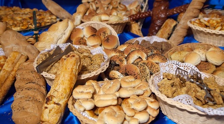assortment of fresh pastry on table in buffet  の写真素材