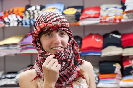 woman  in egyptian  shawl at clothes shopのeditorial素材