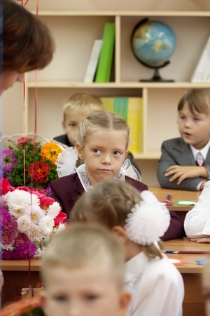 VLADIMIR, RUSSIA - SEPTEMBER 1: Day of Knowledge. First day in school. September 1, 2011 in Vladimir, Russia. Schoolchildren in their first lesson in school ¹ 36, now school has 1738 pupilsのeditorial素材