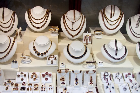 counter with variety jewelry in store windowのeditorial素材