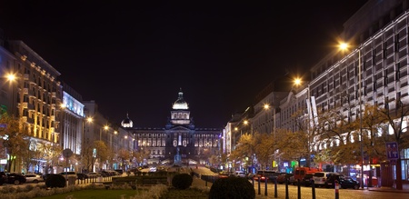 Upper part of Wenceslas Square at night. Prague, Czechia のeditorial素材