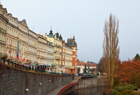 KARLOVY VARY, CZECHIA - NOVEMBER 25:  View of Karlovy Vary on November 25, 2011 in Bohemia, Czechia.Town is historically famous for its hot springs (13 main springs, about 300 smaller springs, and the warm-water Tepla River)のeditorial素材