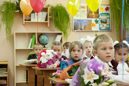 VLADIMIR, RUSSIA - SEPTEMBER 1: Day of Knowledge. First day in school. September 1, 2011 in Vladimir, Russia.Schoolchildren in their first lesson in school ¹ 36, now school has 1738 pupilsのeditorial素材