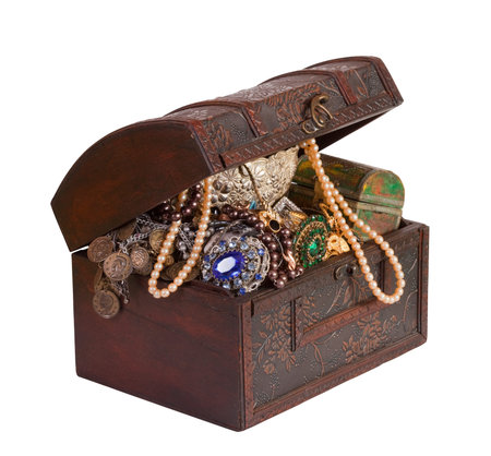 Wooden treasure trunk with jewellery