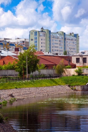 Dwelling houses on the river bank Uvod in Ivanovo. Russiaの写真素材