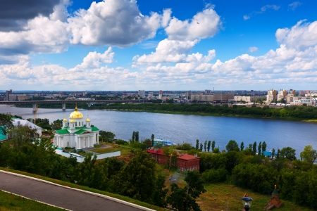 View of Nizhny Novgorod with Metro Bridge through Oka River. Russiaの写真素材