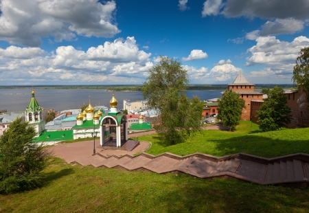 historic district of Nizhny Novgorod and  Volga river in summer sunny day. Russiaのeditorial素材