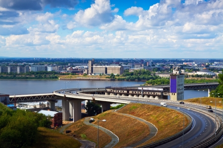View of Nizhny Novgorod.  Metro Bridge through Oka River. Russiaの写真素材