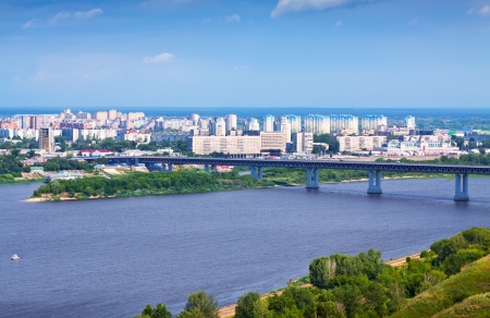 View of Nizhny Novgorod with Metro Bridge through Oka River. Russiaの写真素材