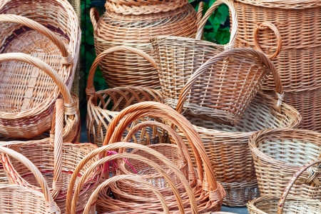 twiggen baskets for sale  at outdoor marketの写真素材