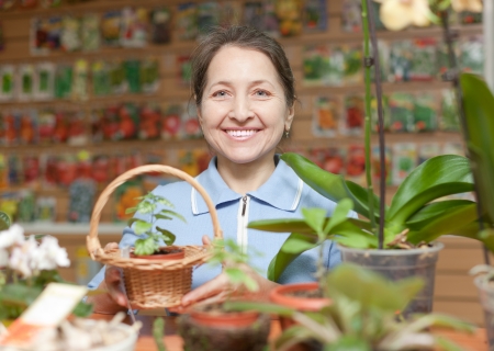 Smiling mature woman in  garden shopの写真素材