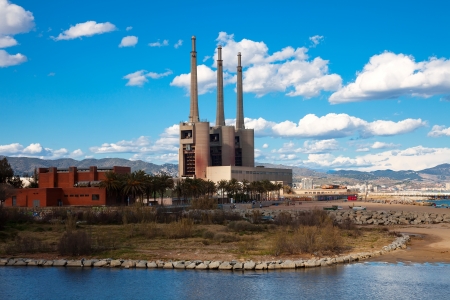 chimneys of Besos power thermal station in Sand Adria de Besos  Barcelonaのeditorial素材