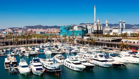 BARCELONA, SPAIN - MARCH 15: Many yachts lying at Port Forum. Barcelona, Spain in March 15, 2013 in Barcelona, Spain. This port - one of the three ports of Barcelonaのeditorial素材