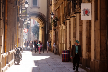 BARCELONA, CATALONIA  - APRIL 14: streets of Barrio Gotico in April 14, 2013 in Barcelona, Catalonia. It is centre of old city, one of symbol of city のeditorial素材