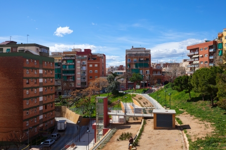 street in residence district of mediterranean town. Badalona, Spainのeditorial素材